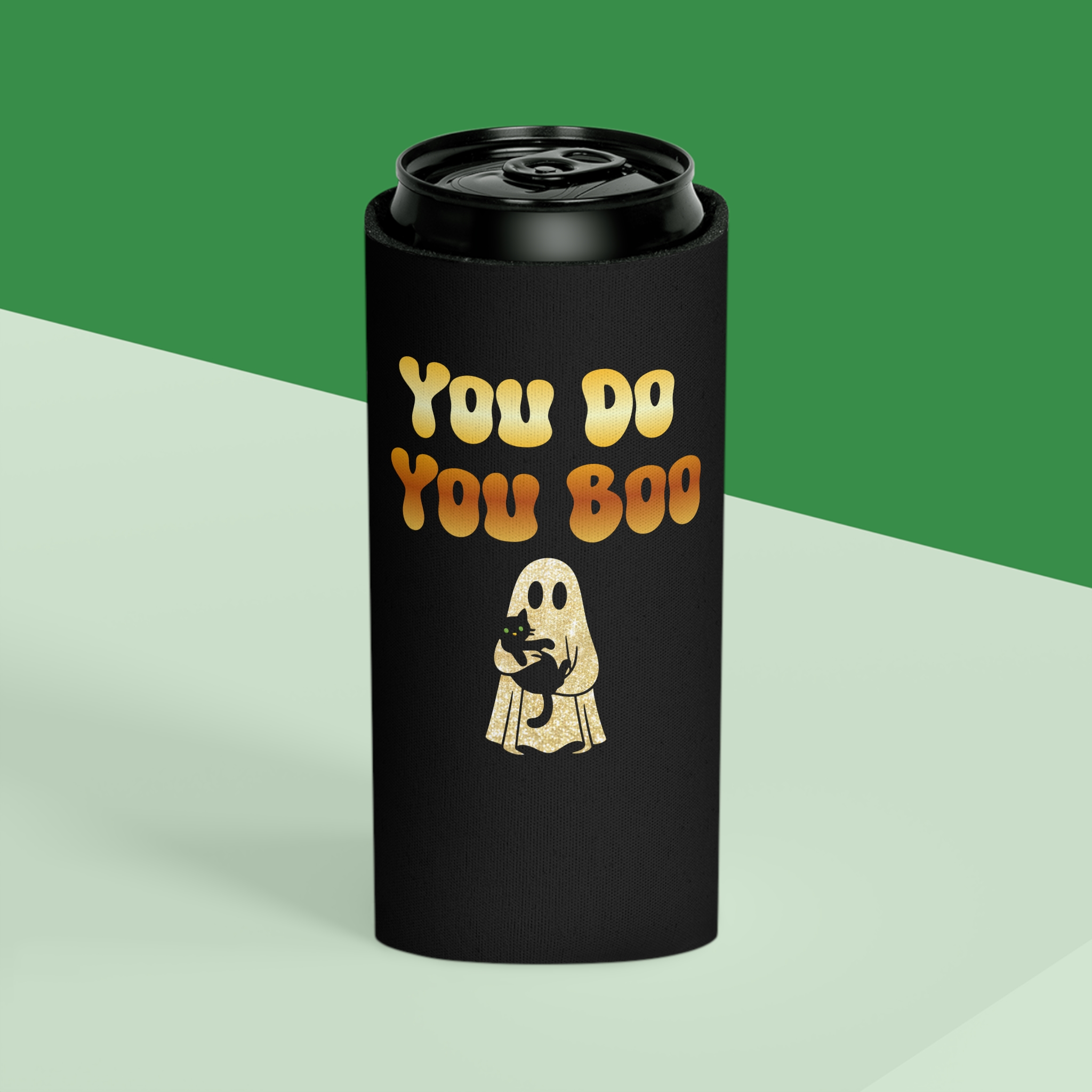 You Do You Boo Koozie - Stubby Holder - Can Cooler - Gold Ghost with Black Cat - Image 19