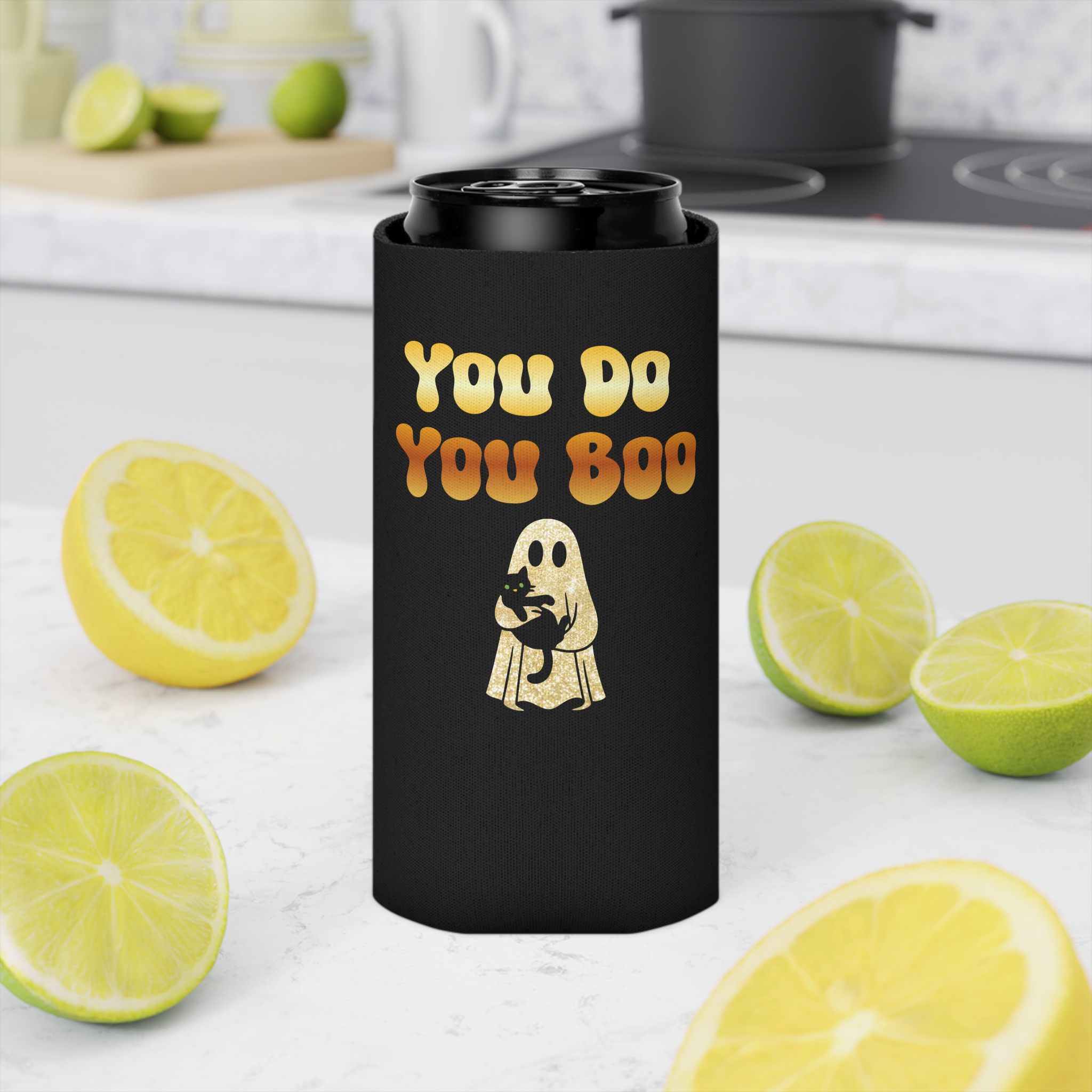 You Do You Boo Koozie - Stubby Holder - Can Cooler - Gold Ghost with Black Cat - Image 20