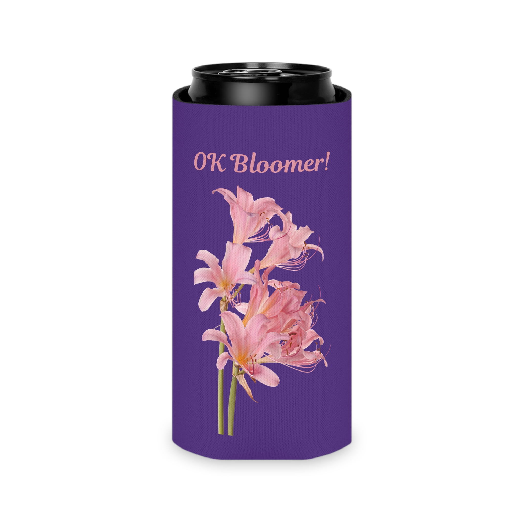 OK Bloomer Stubby Holder - Purple Koozie - Pink Lilies - Sassy Can Cooler - Image 13