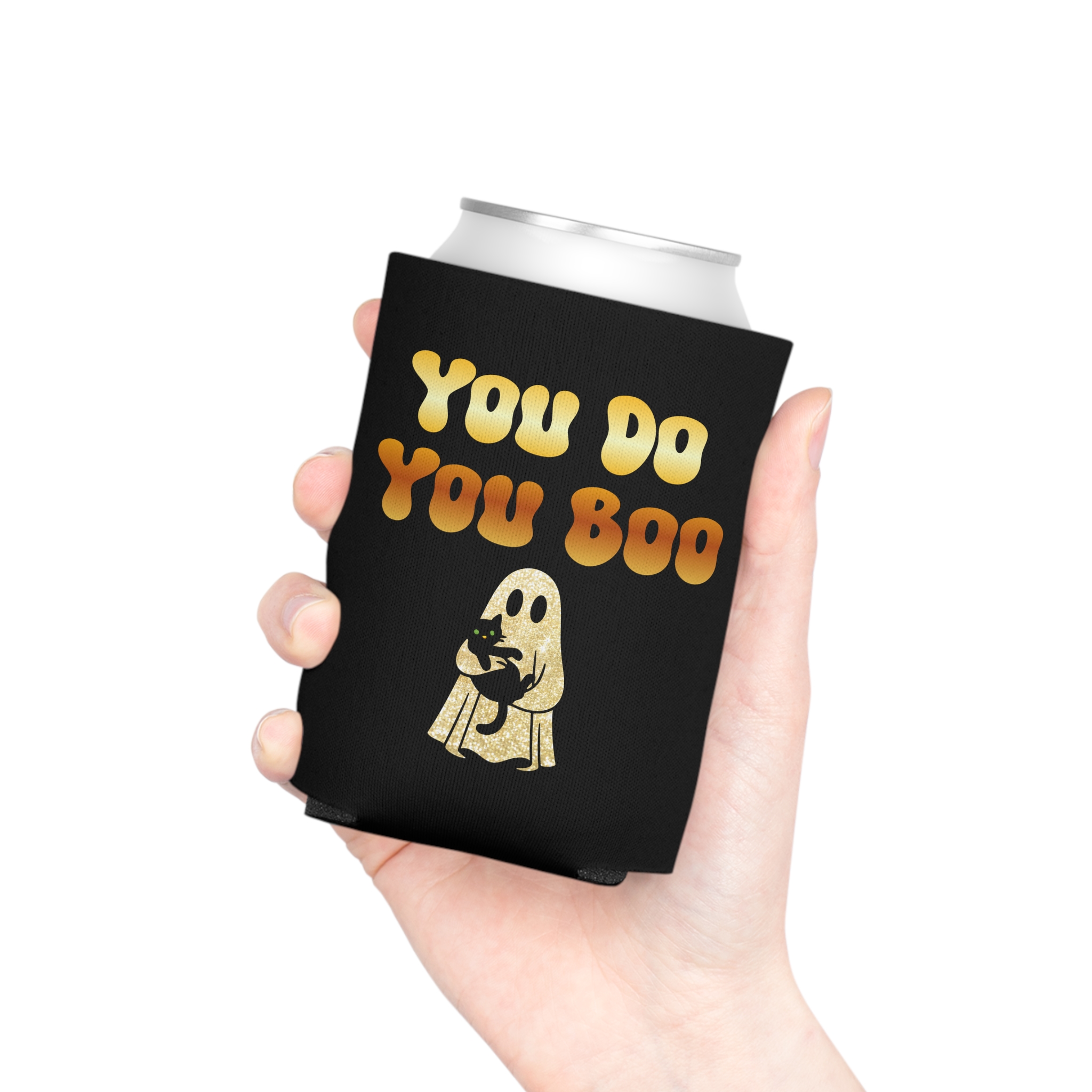 You Do You Boo Koozie - Stubby Holder - Can Cooler - Gold Ghost with Black Cat - Image 9