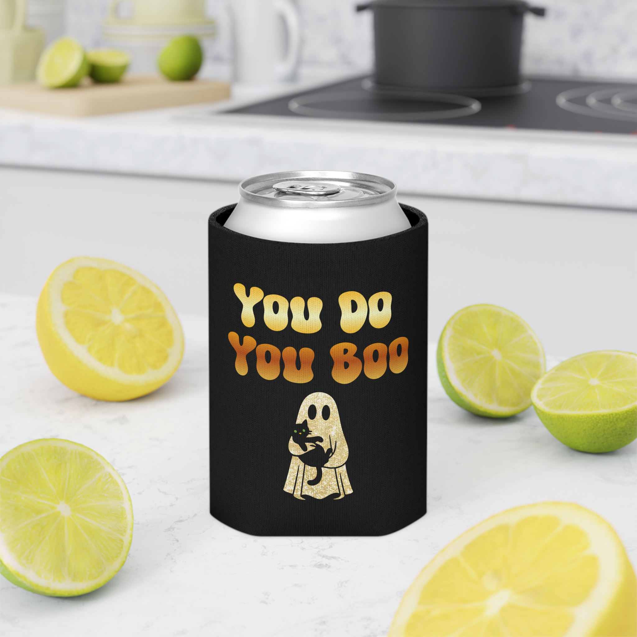 You Do You Boo Koozie - Stubby Holder - Can Cooler - Gold Ghost with Black Cat - Image 10