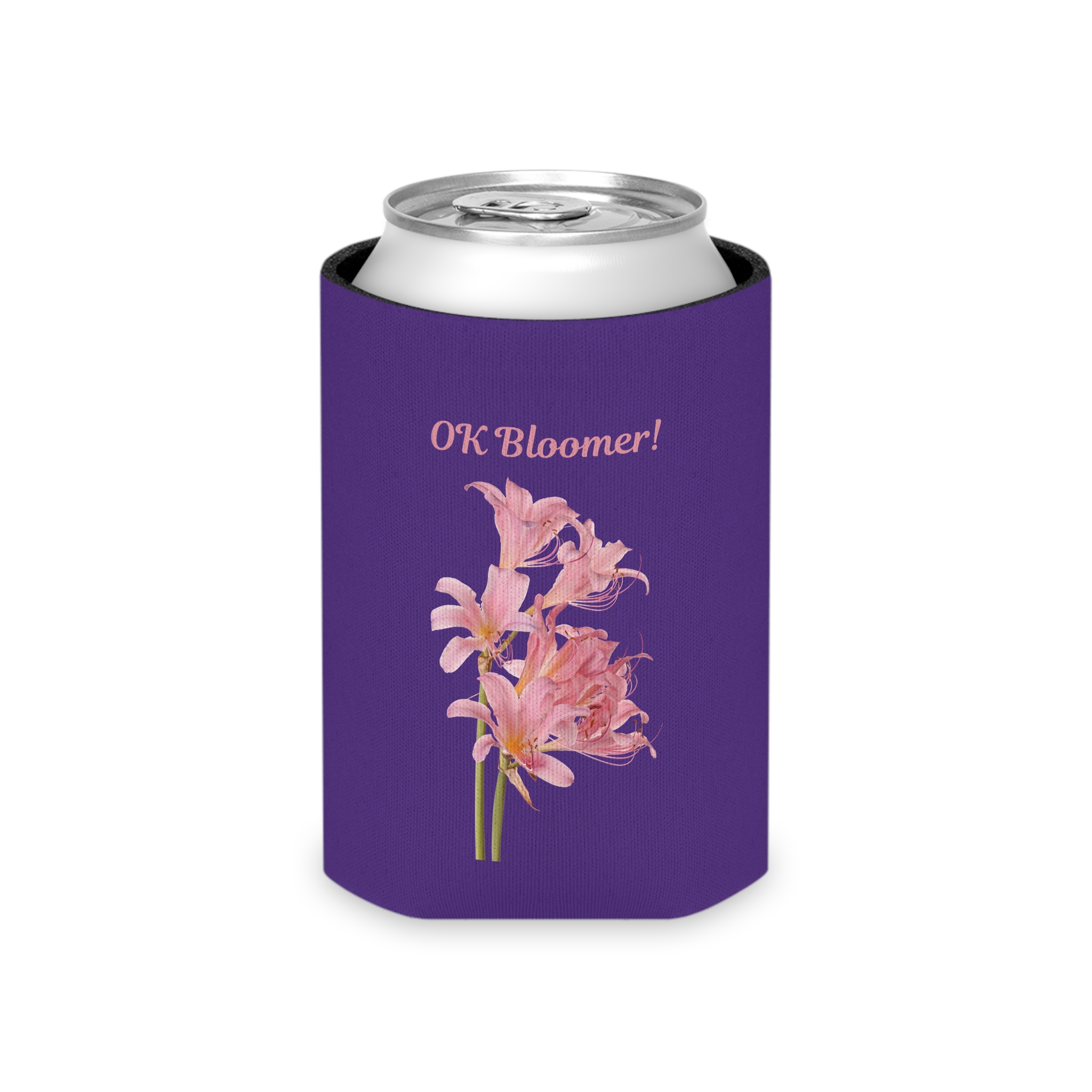 OK Bloomer Stubby Holder - Purple Koozie - Pink Lilies - Sassy Can Cooler - Image 4