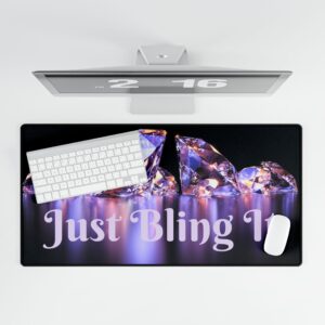 Full Size Computer Desk Mat with Funny Saying Just Bling It - Purple Sparkle Colours