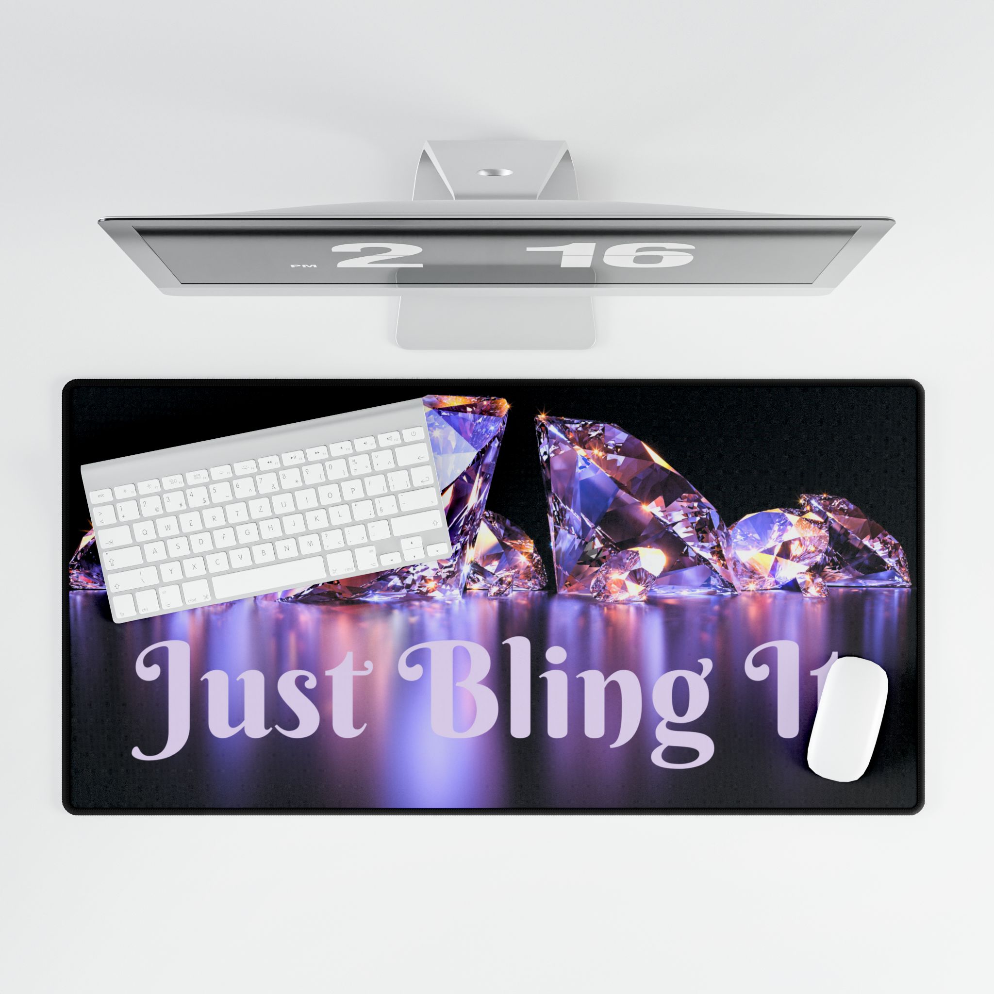 Full Size Computer Desk Mat with Funny Saying Just Bling It - Purple Sparkle Colours