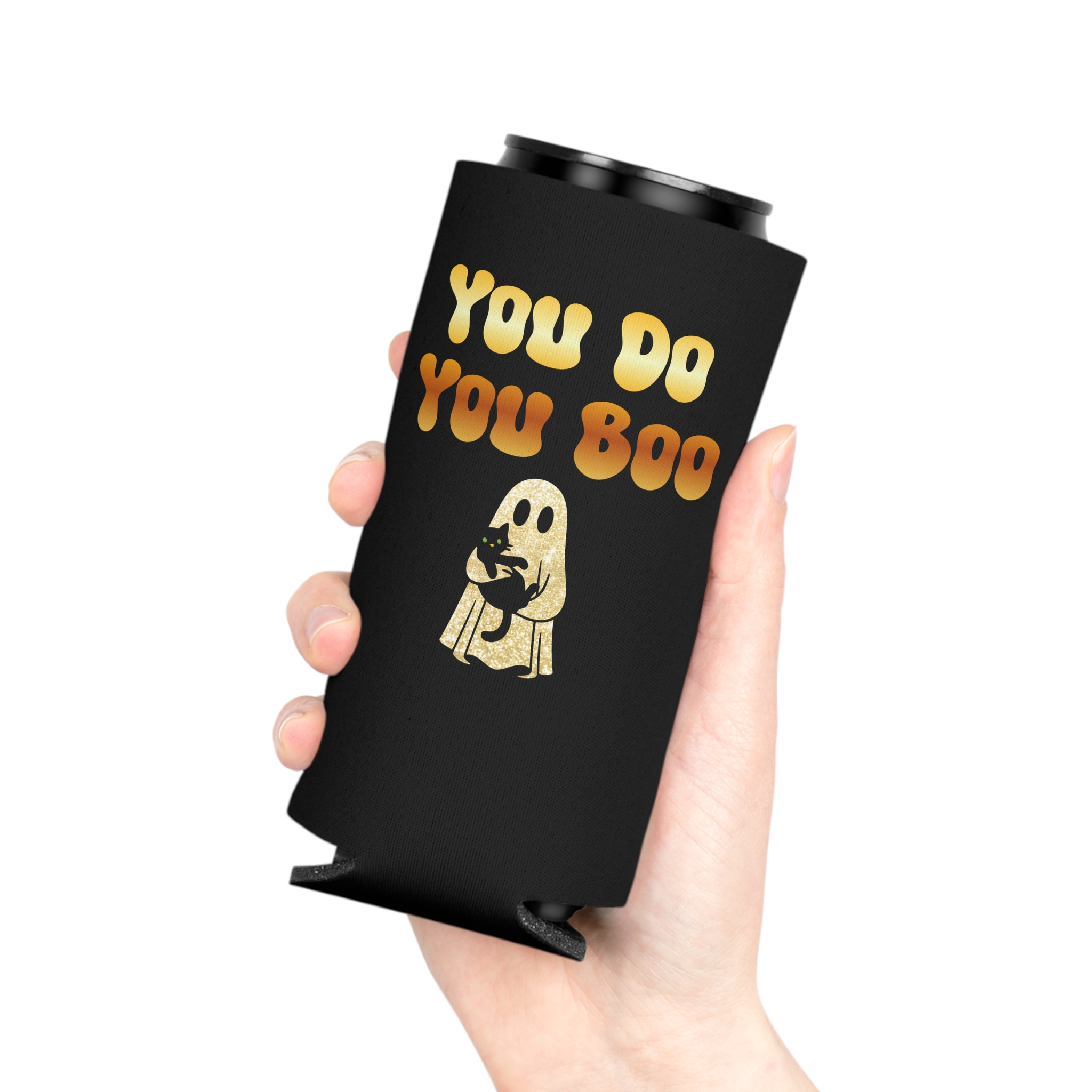 You Do You Boo Koozie - Stubby Holder - Can Cooler - Gold Ghost with Black Cat - Image 18