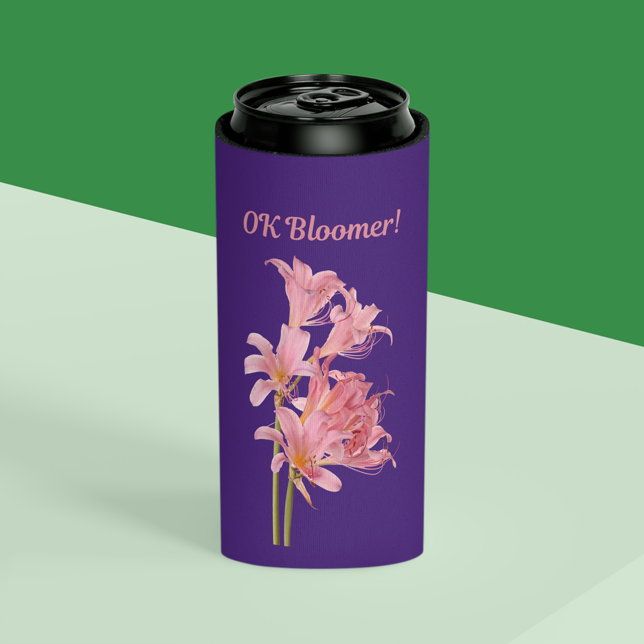 OK Bloomer Stubby Holder - Purple Koozie - Pink Lilies - Sassy Can Cooler - Image 19