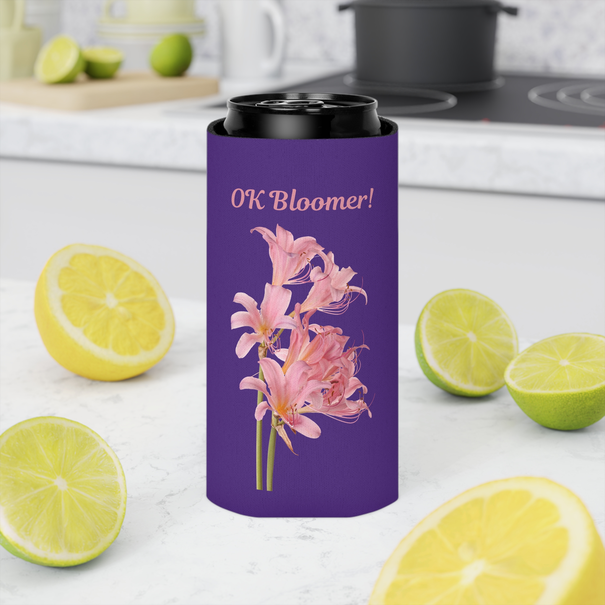 OK Bloomer Stubby Holder - Purple Koozie - Pink Lilies - Sassy Can Cooler - Image 20